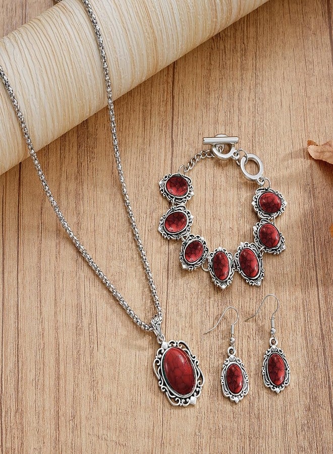 Lookray Western Turquoise Jewelry Sets for Women Boho Red Black Zirconia Western Necklace Earring Bracelet Set Country Concert Outfits Jewelry Set Bohemian Cowgirl Accessorie A2 - Image 4